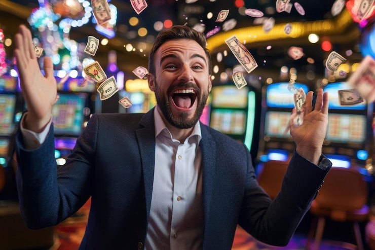 Antarmuka blackjack langsung di situs desktop dengan tombol Hit, Stand, dan panel taruhan